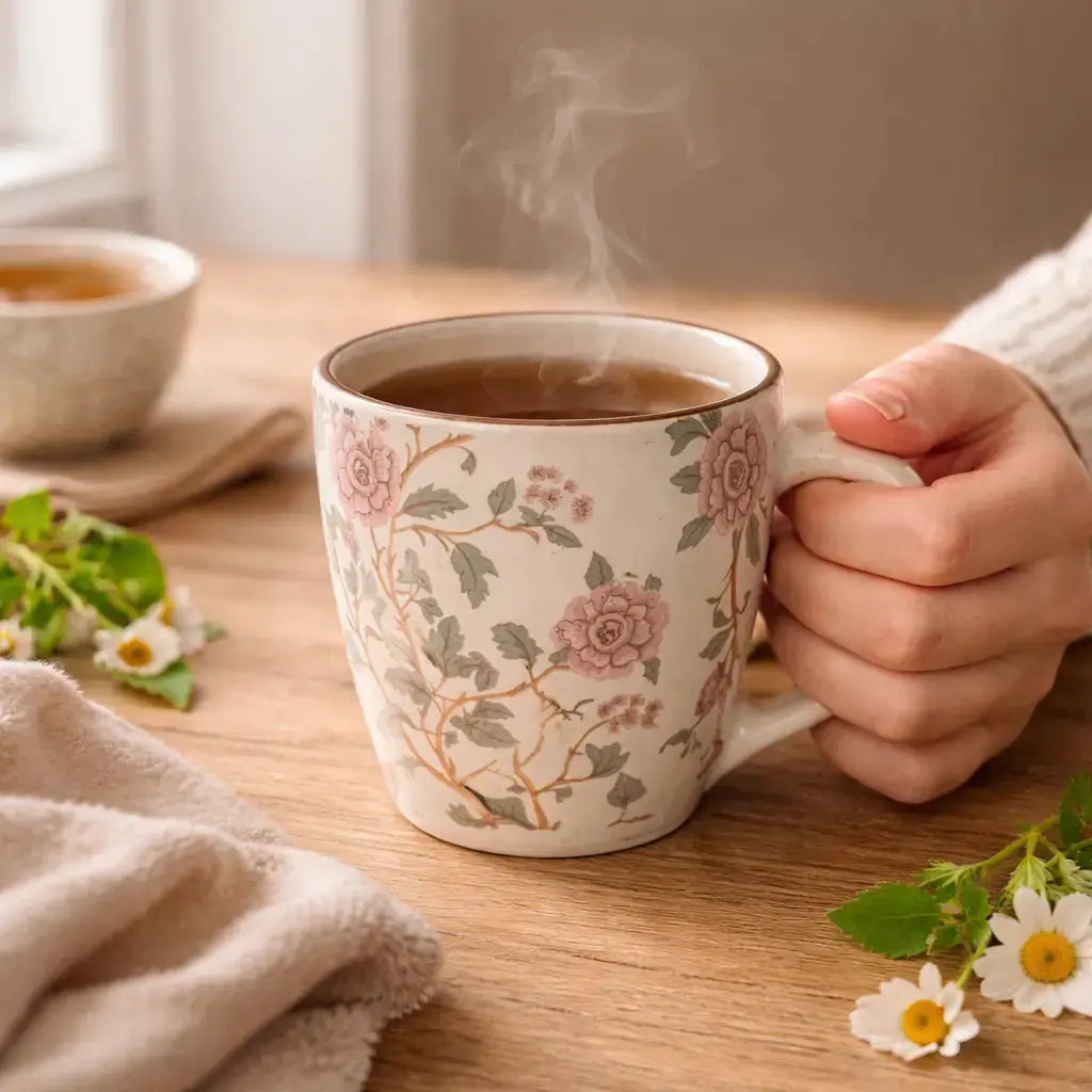Stoneware Mug - Set of 4, Pink Botanical Motif