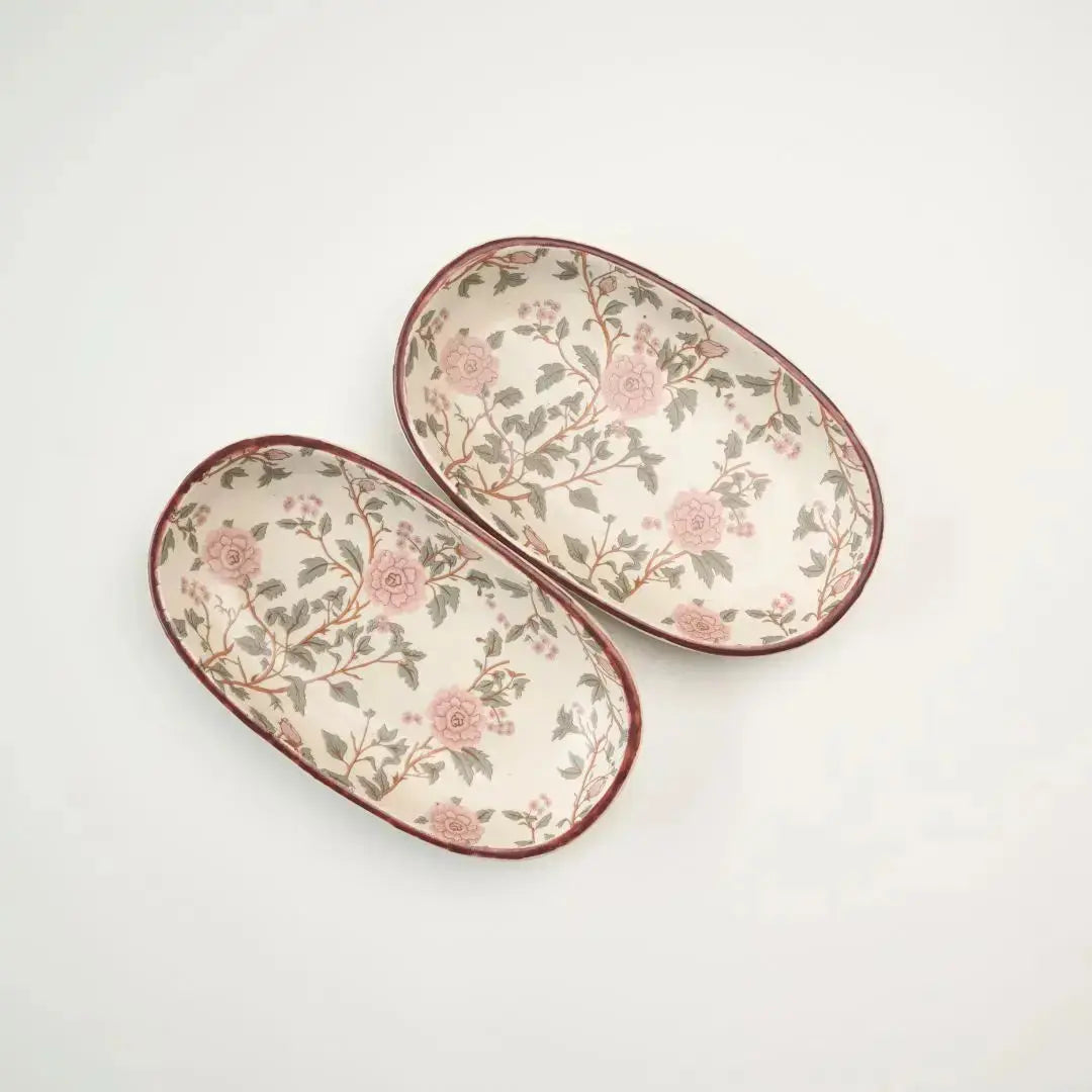 Handcrafted Stoneware Serving Tray - Oval, Peony Motif