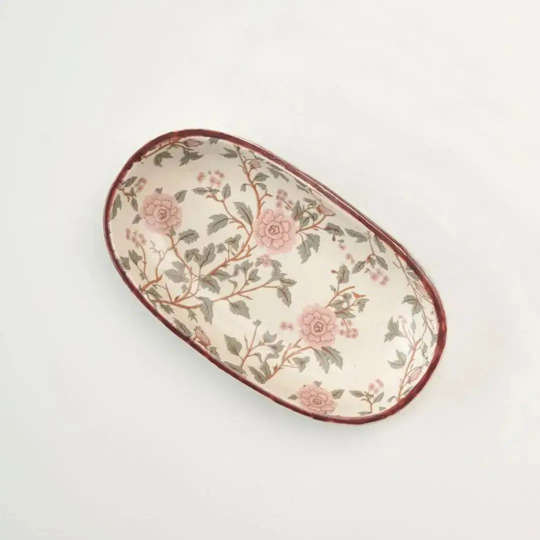 Handcrafted Stoneware Oval Serving Tray – Vintage Floral Ceramic Platter for Snacks, Desserts & Appetisers