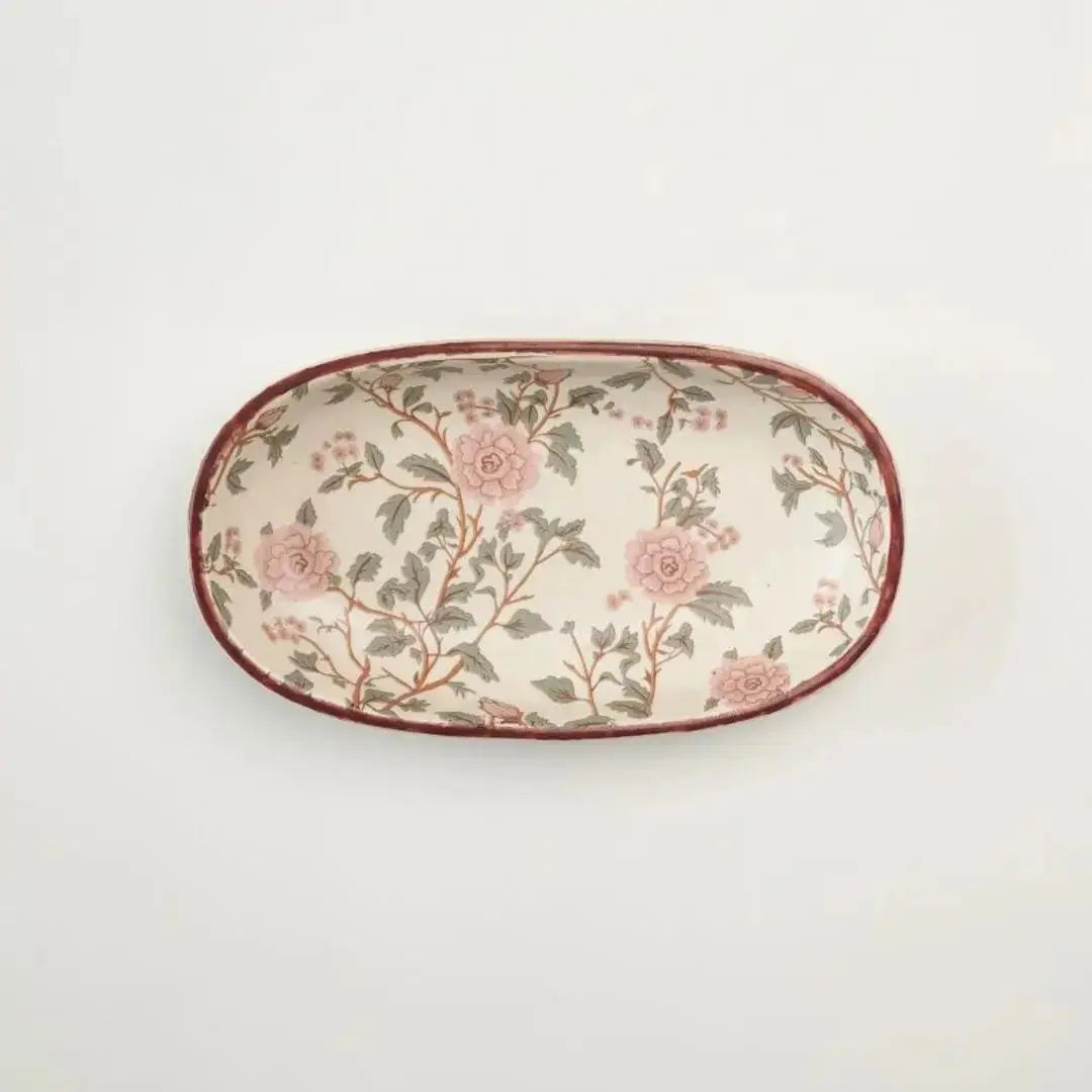Handcrafted Stoneware Oval Serving Tray – Vintage Floral Ceramic Platter for Snacks, Desserts & Appetisers