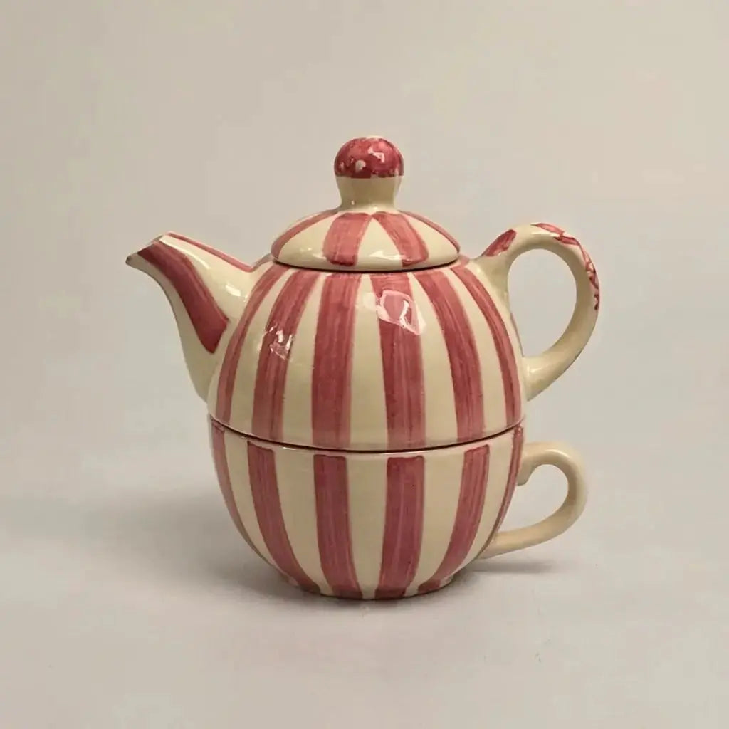 Handmade Stoneware Mugs With Tea Pot - Striped, Coral Pink & White