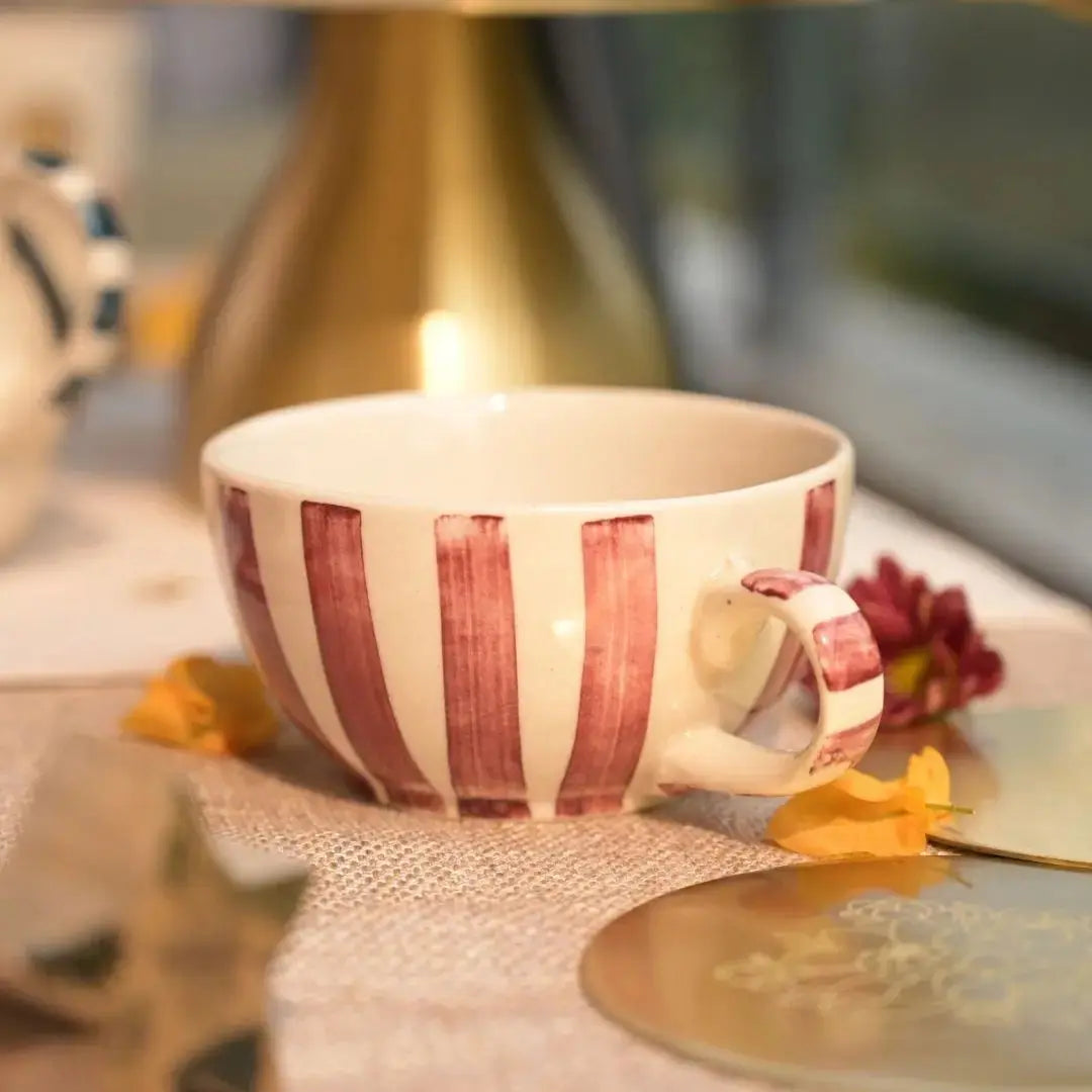 Handmade Stoneware Mugs With Tea Pot - Striped, Coral Pink & White