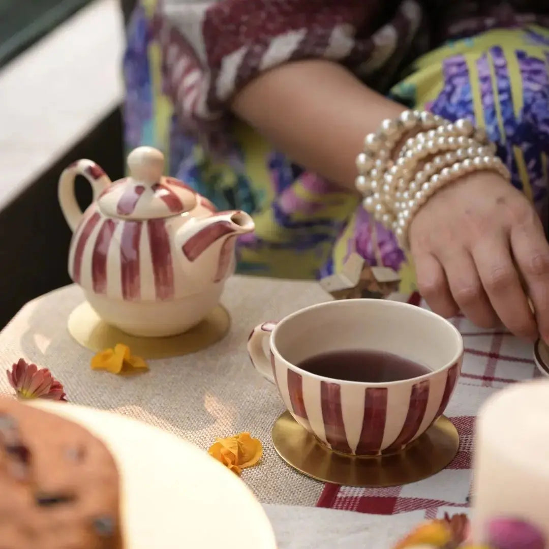 Handmade Stoneware Mugs With Tea Pot - Striped, Coral Pink & White