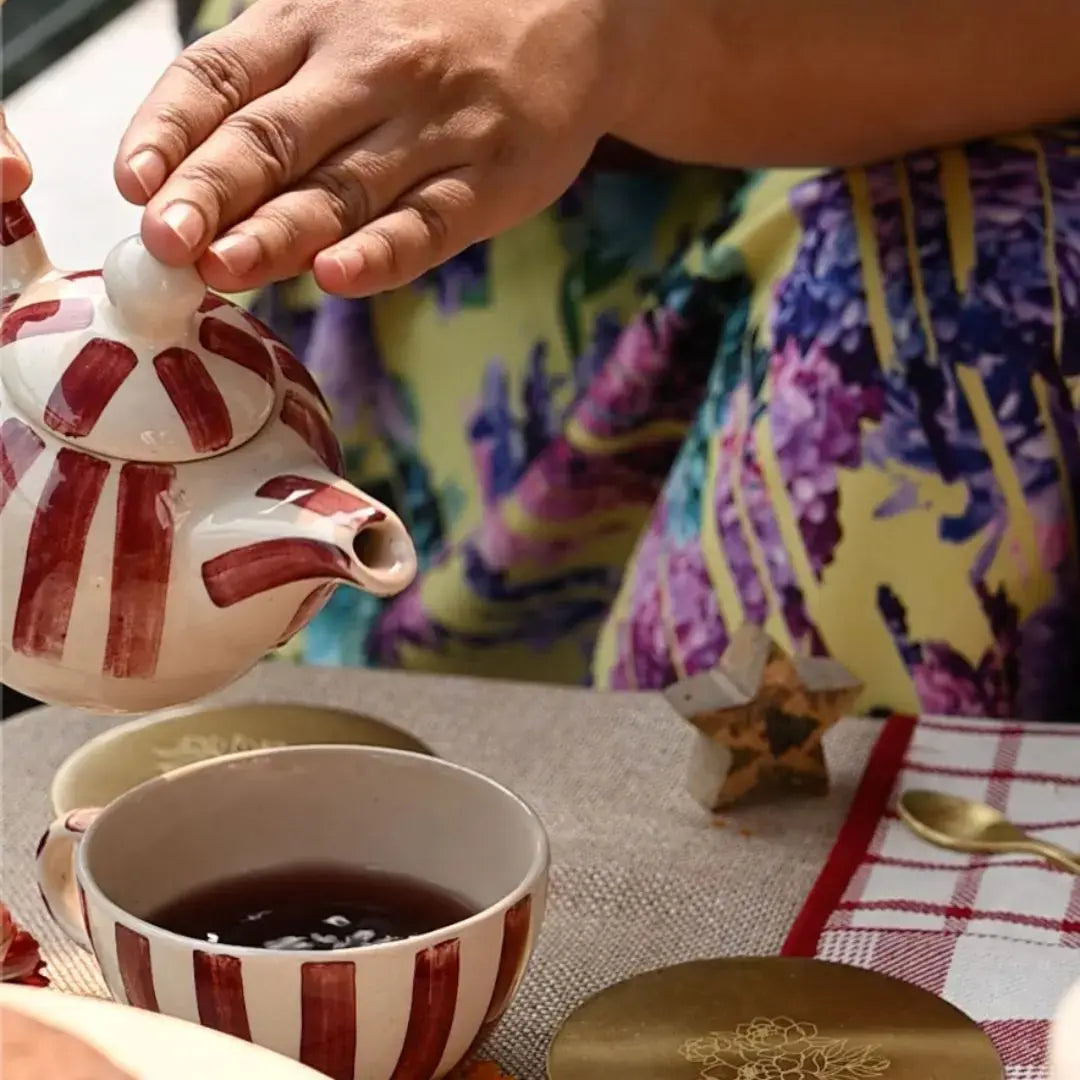 Handmade Stoneware Mugs With Tea Pot - Striped, Coral Pink & White