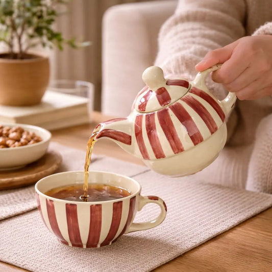 Handmade Stoneware Mugs With Tea Pot - Striped, Coral Pink & White