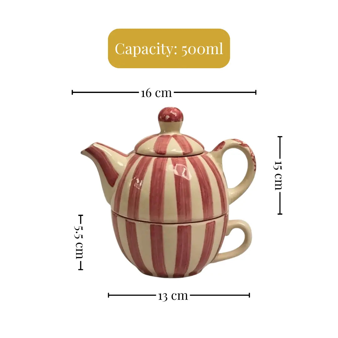 Handmade Stoneware Mugs With Tea Pot - Striped, Coral Pink & White