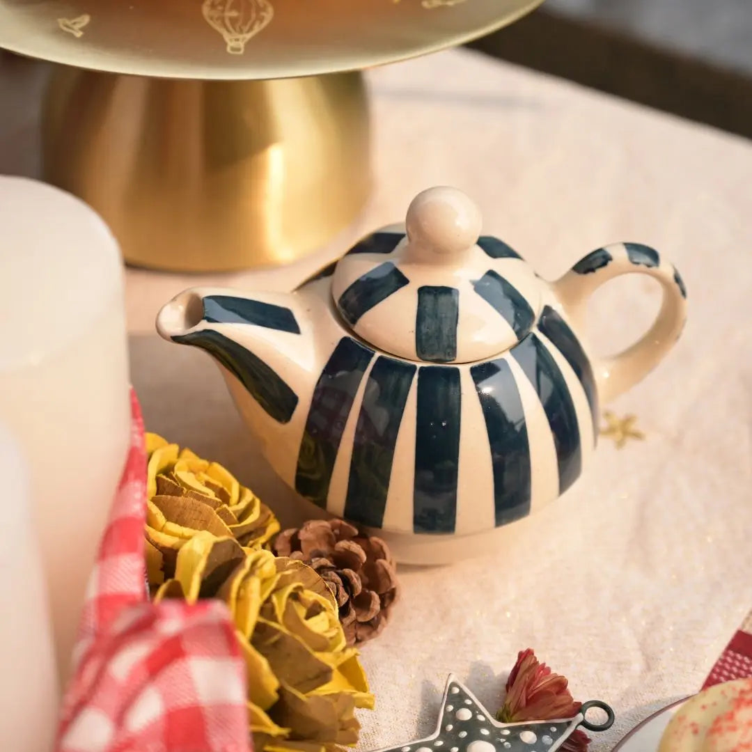 Handmade Ceramic Striped Tea Pot and Cup Set – Modern Teal & White Stoneware for Tea Lovers