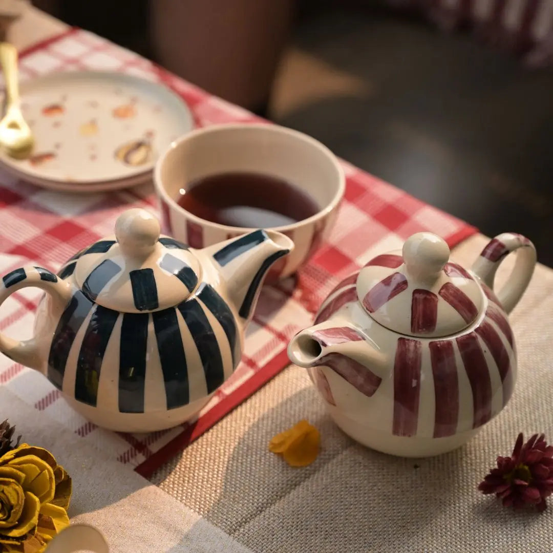 Handmade Ceramic Striped Tea Pot and Cup Set – Modern Teal & White Stoneware for Tea Lovers