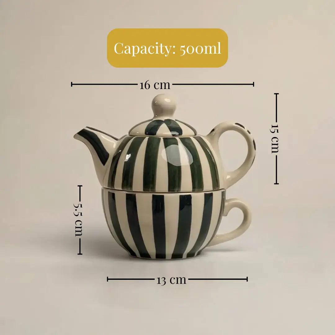 Handmade Ceramic Striped Tea Pot and Cup Set – Modern Teal & White Stoneware for Tea Lovers