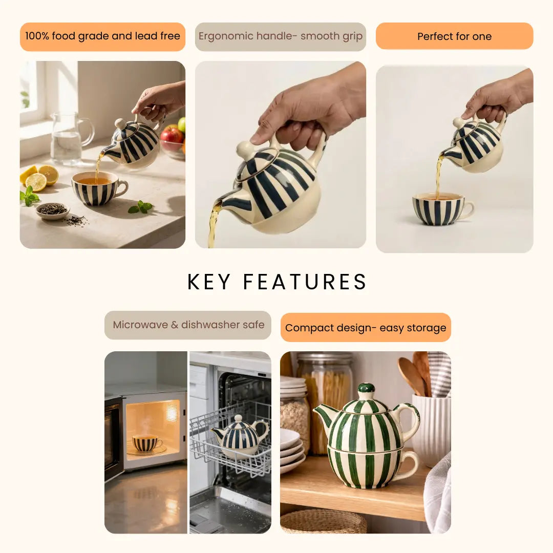 Handmade Ceramic Striped Tea Pot and Cup Set – Modern Teal & White Stoneware for Tea Lovers