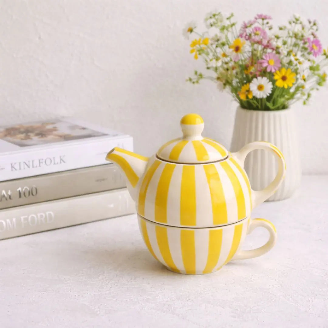 Stoneware Striped Mug - Tea Pot & Cup Set, Yellow & White