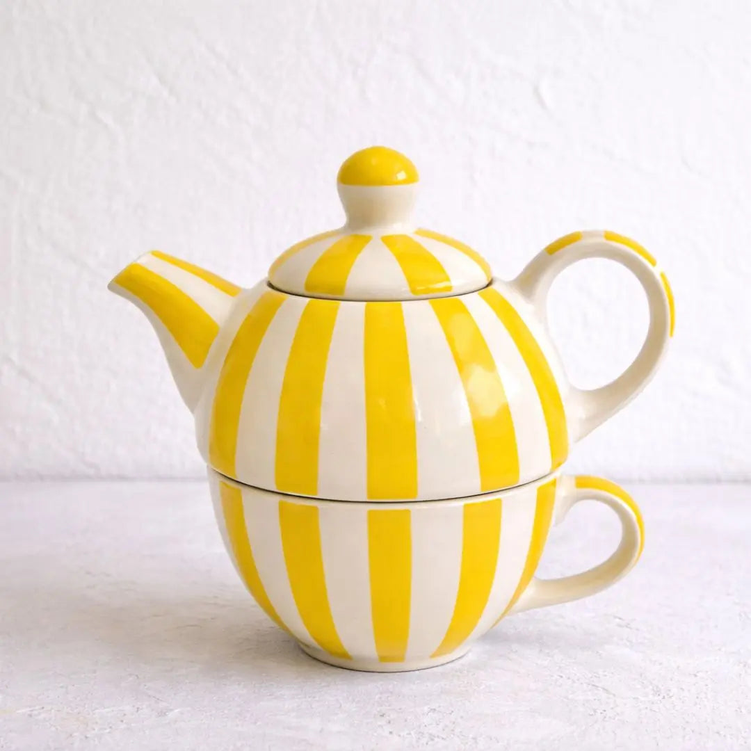 Stoneware Striped Mug - Tea Pot & Cup Set, Yellow & White