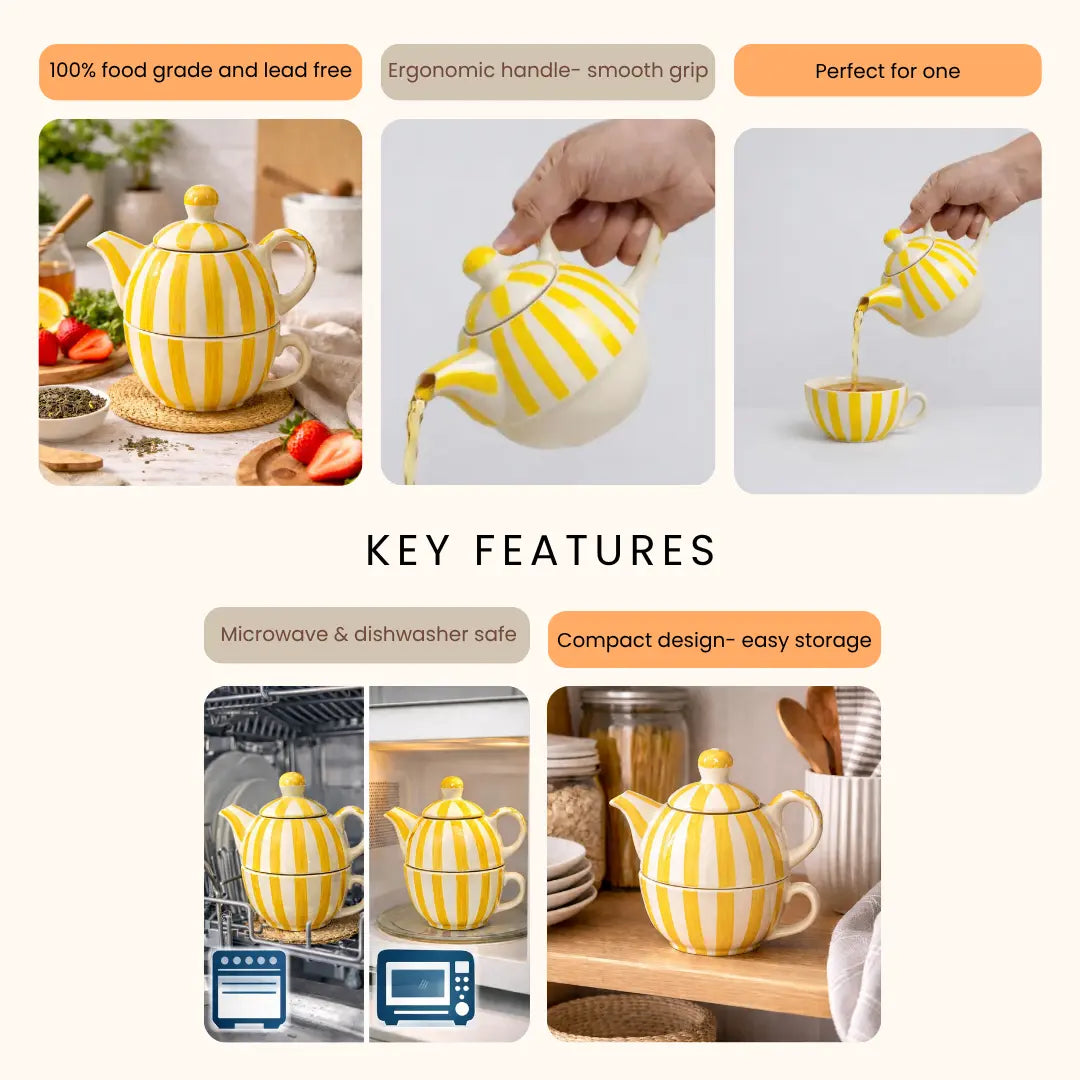 Stoneware Striped Mug - Tea Pot & Cup Set, Yellow & White
