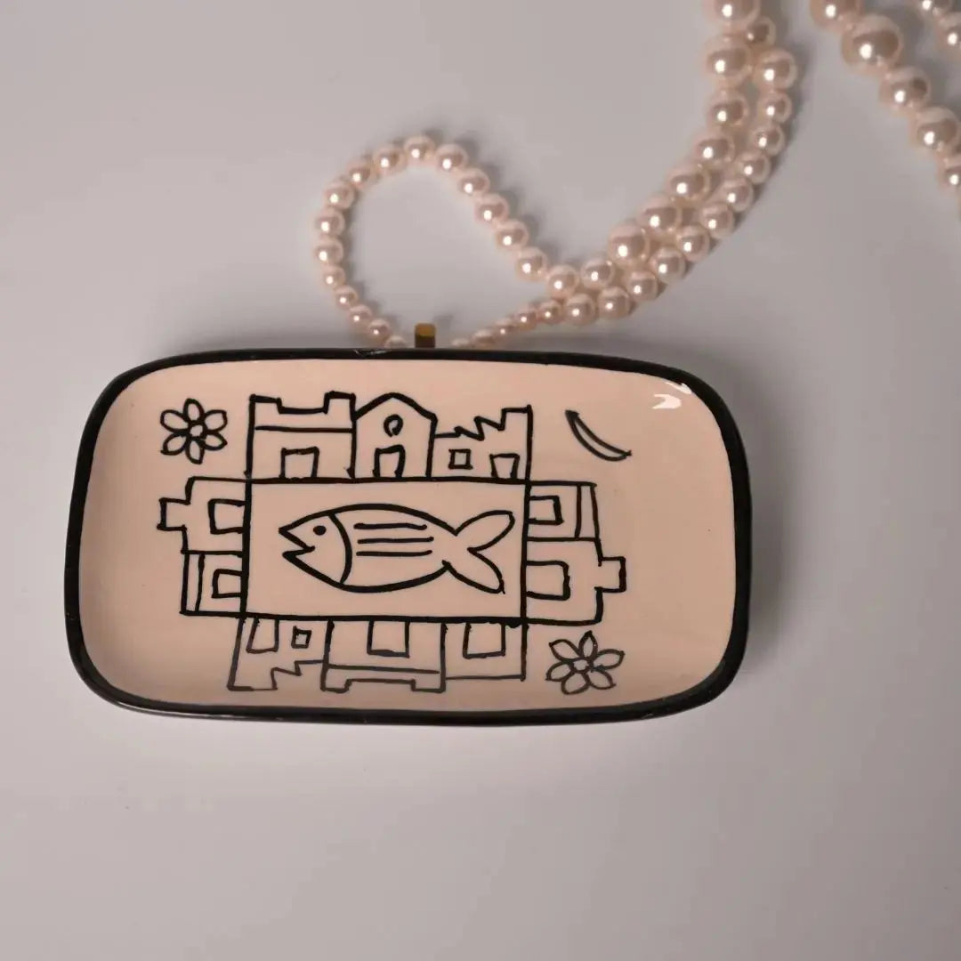 Handmade Stoneware Trinket Dish – Hand-Painted Fish Motif | Jewelry Holder | Boho Ceramic Vanity Tray