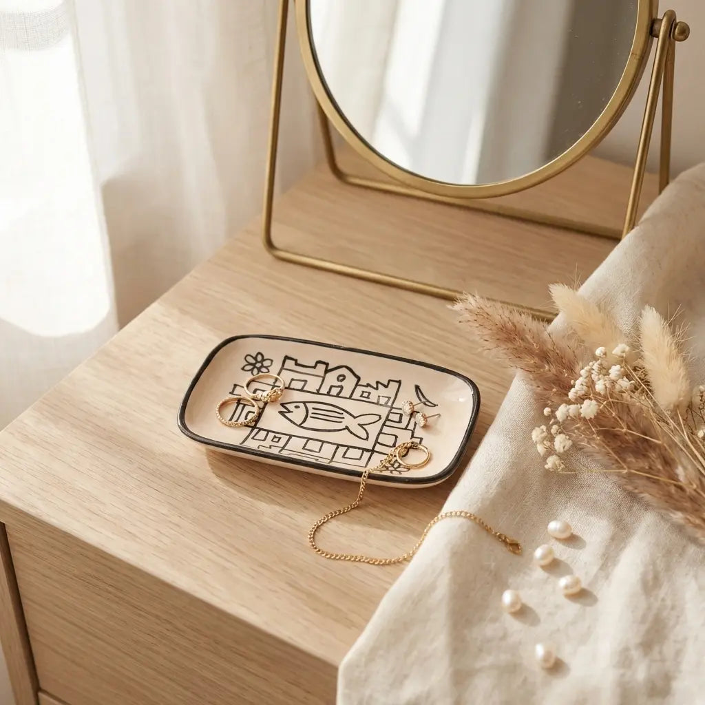 Handmade Stoneware Trinket Dish – Hand-Painted Fish Motif | Jewelry Holder | Boho Ceramic Vanity Tray