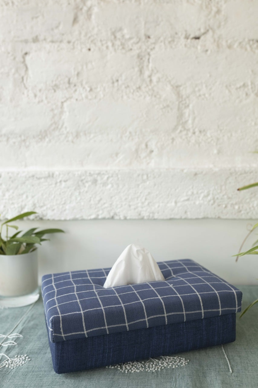 Handwoven Cotton Tissue Box - Blue Check Pattern