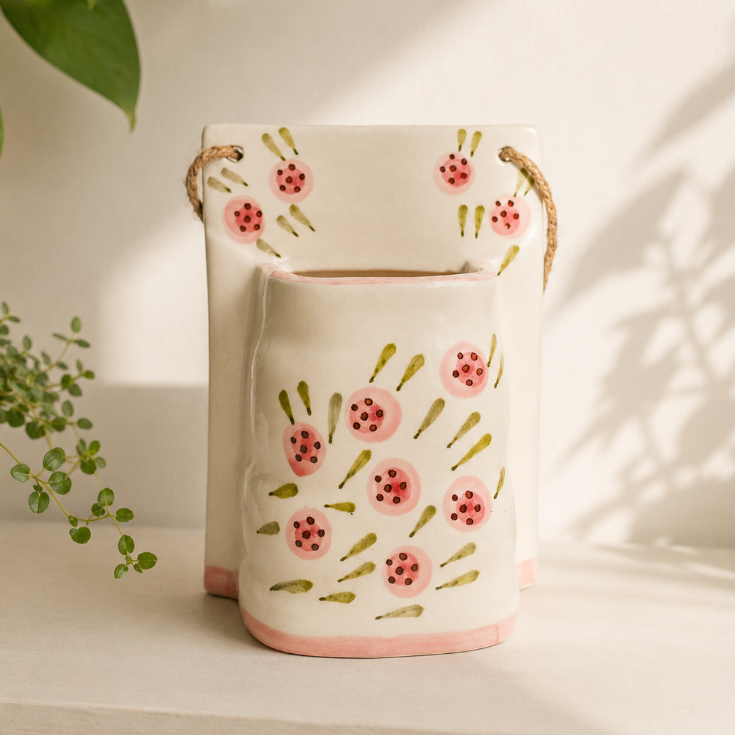 Planter | Ceramic  Hand-painted Round Roses Print