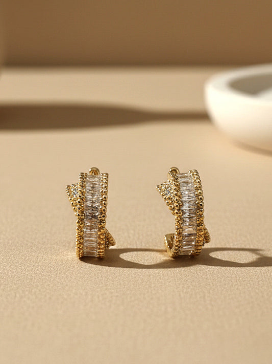 American Diamond Studded Half Hoop Earrings – Gold-Plated Fashion Jewelry – Post Back Closure – 1.8cm