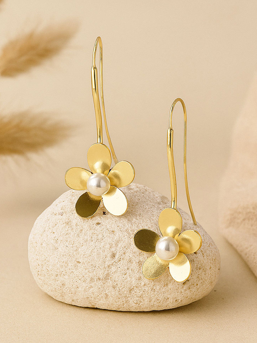 Floral Pearl Drop Earrings – Fashion Jewellery – Gold-Plated, Pearl Embellished – Retail Unit