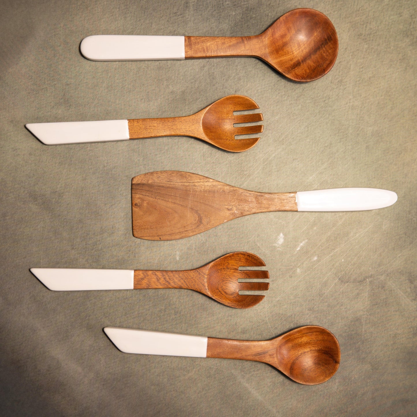 Handcrafted 3-Piece Set Ivory Serving Spoons Set – Serving Utensil Set – Acacia Wood & Enamel