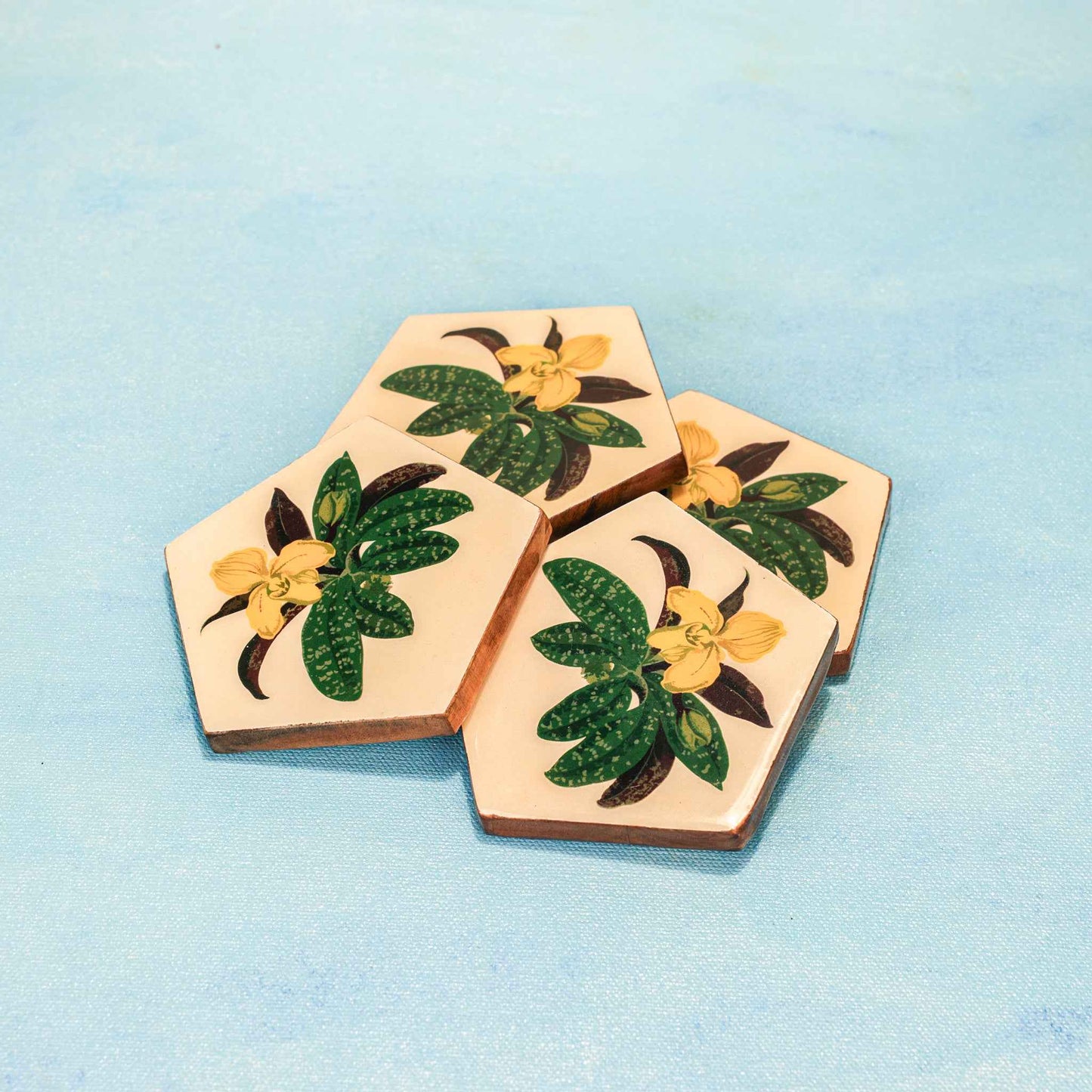 Penta Bloom Coaster Set – Tabletop Coasters – Acacia Wood & Enamel – Pentagon Bloom Design – Set of 4