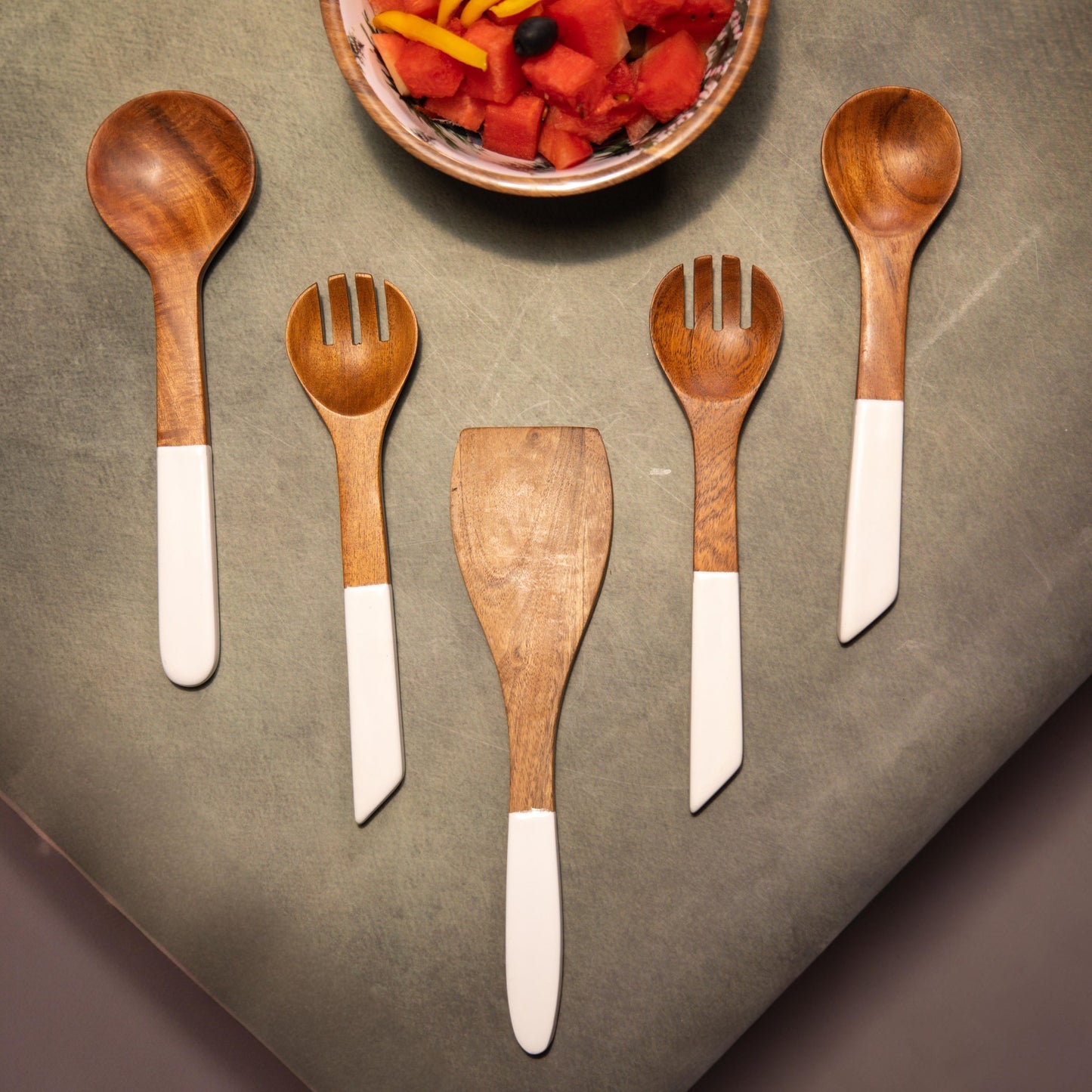 Handcrafted 3-Piece Set Ivory Serving Spoons Set – Serving Utensil Set – Acacia Wood & Enamel