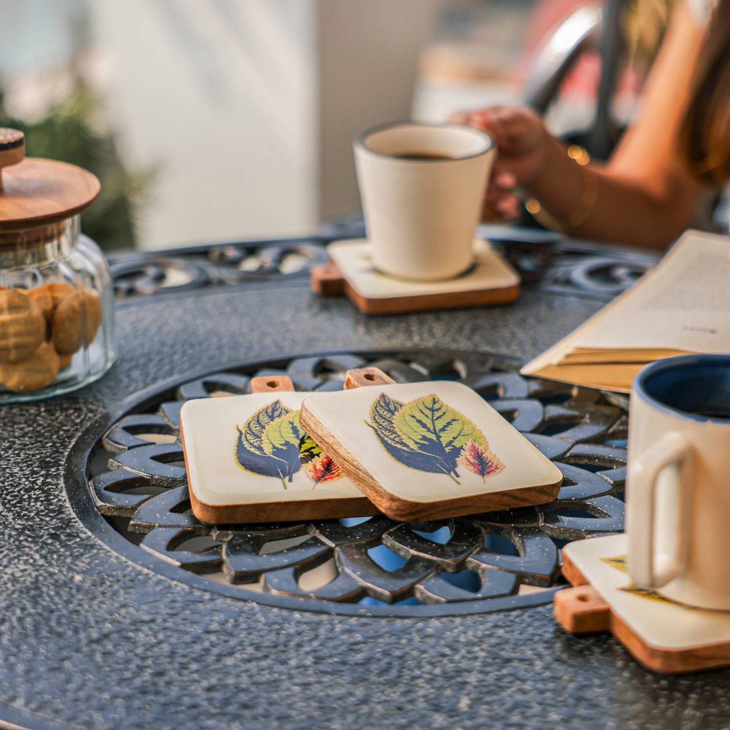 Timber Leaf Coaster Set – Drink Coasters – Acacia Wood & Enamel – Intricate Design (Set of 4)