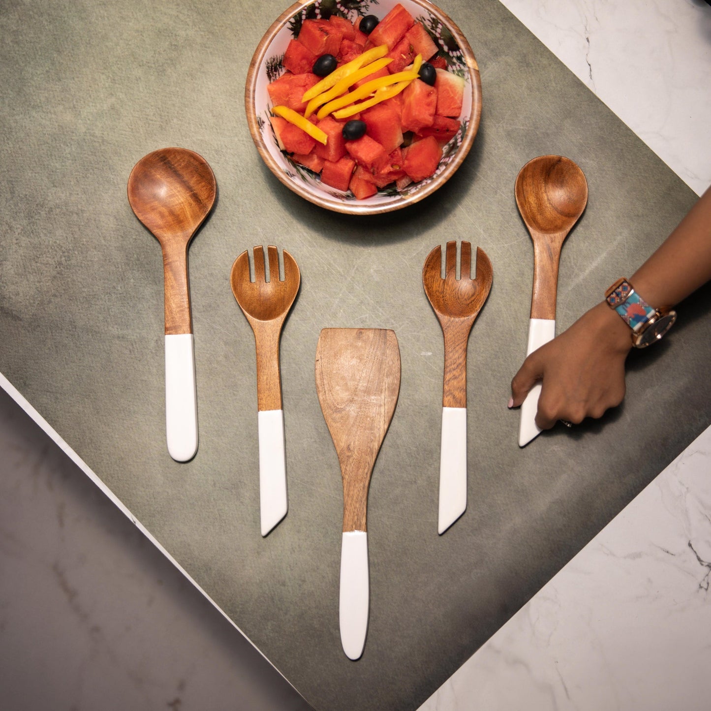 Handcrafted 3-Piece Set Ivory Serving Spoons Set – Serving Utensil Set – Acacia Wood & Enamel