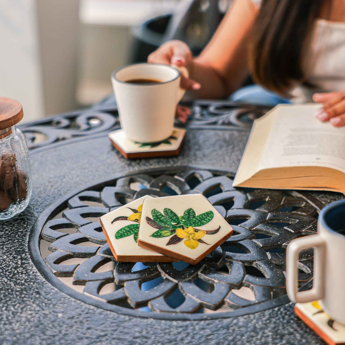 Penta Bloom Coaster Set – Tabletop Coasters – Acacia Wood & Enamel – Pentagon Bloom Design – Set of 4