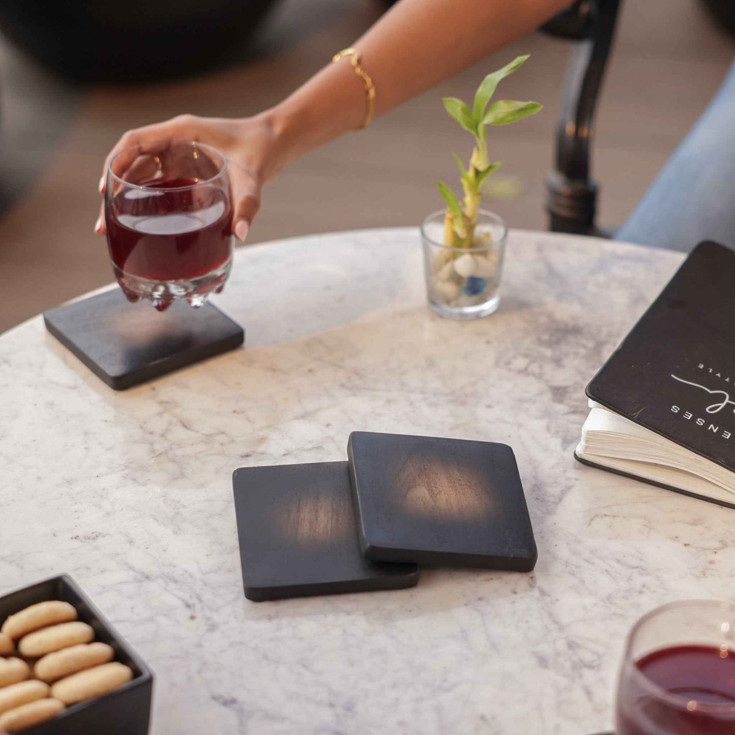 Acacia Wood Coasters – Tabletop Decor – Black Vignette Finish – Set of 4