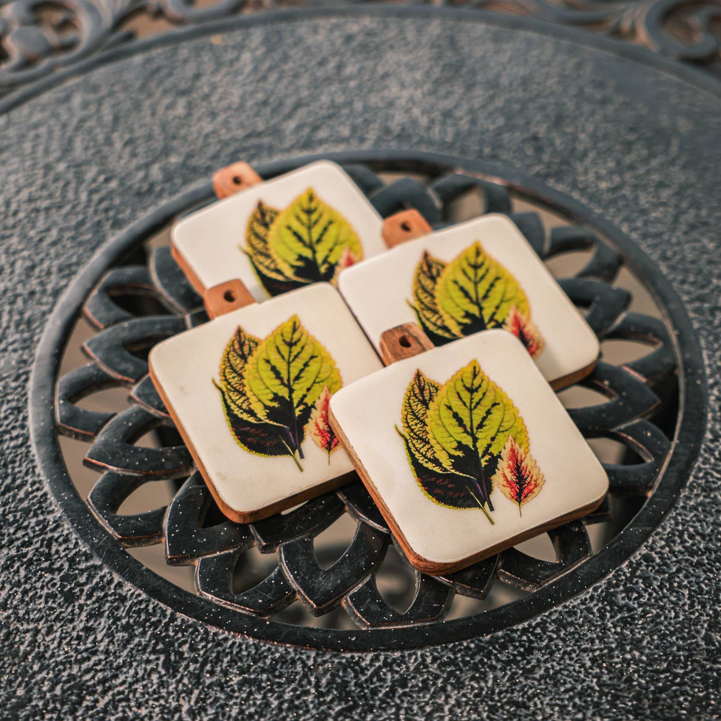 Timber Leaf Coaster Set – Drink Coasters – Acacia Wood & Enamel – Intricate Design (Set of 4)
