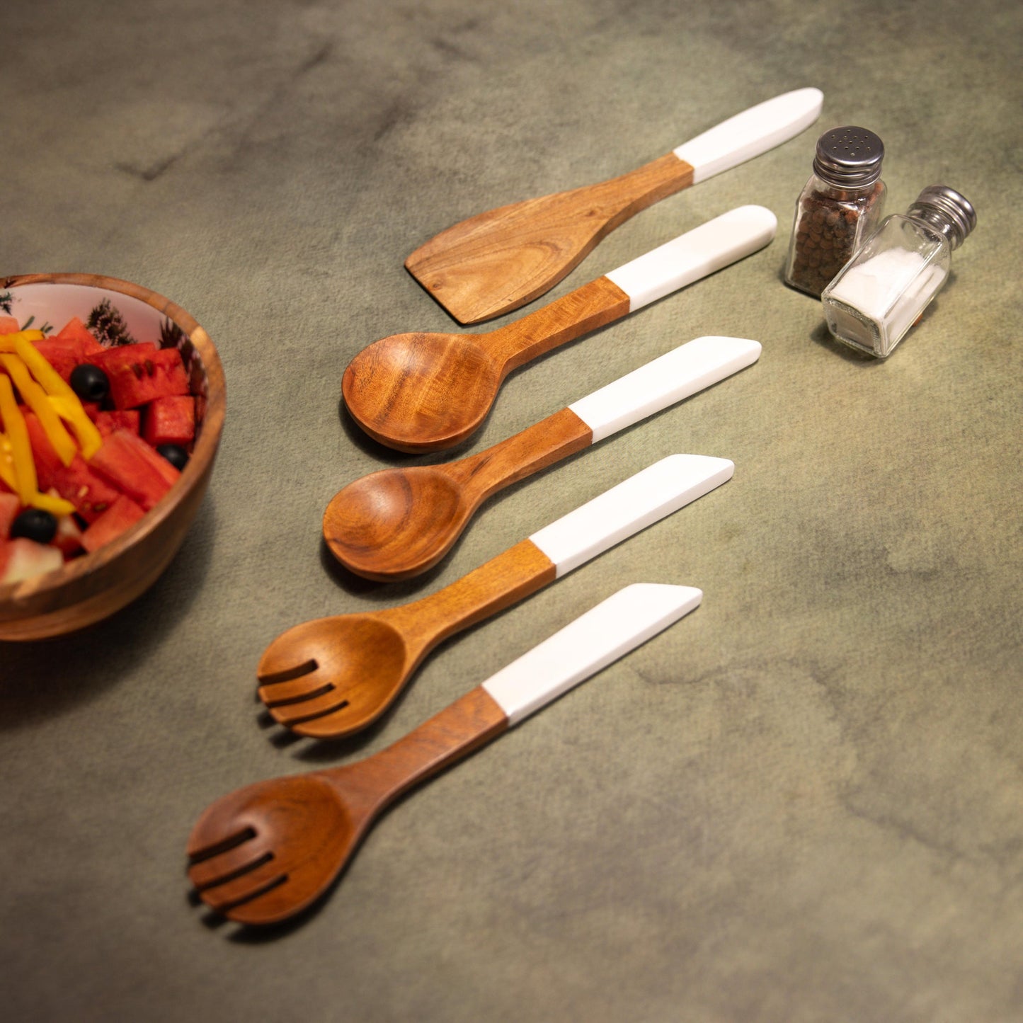 Handcrafted 3-Piece Set Ivory Serving Spoons Set – Serving Utensil Set – Acacia Wood & Enamel