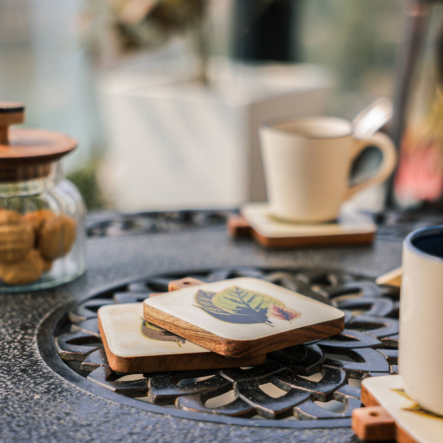Timber Leaf Coaster Set – Drink Coasters – Acacia Wood & Enamel – Intricate Design (Set of 4)