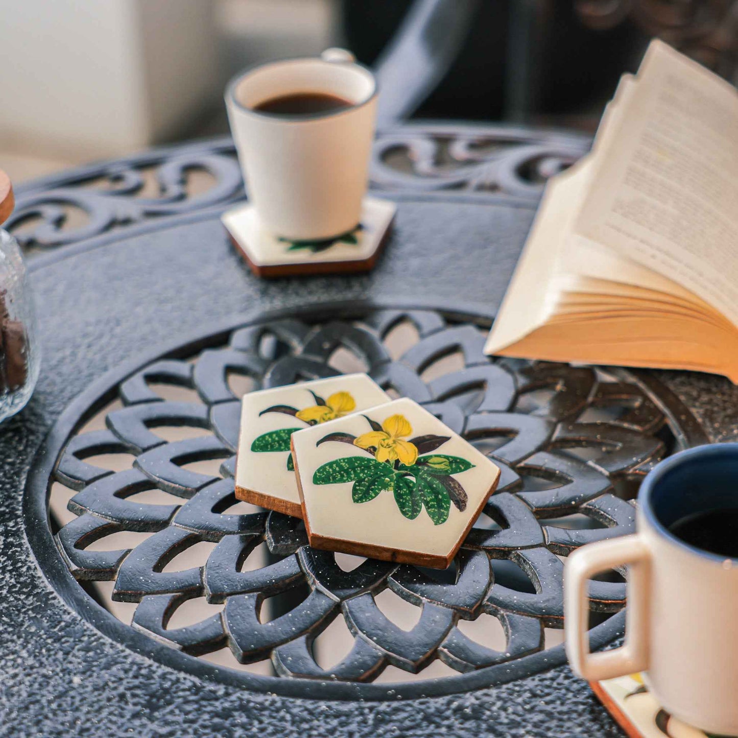 Penta Bloom Coaster Set – Tabletop Coasters – Acacia Wood & Enamel – Pentagon Bloom Design – Set of 4