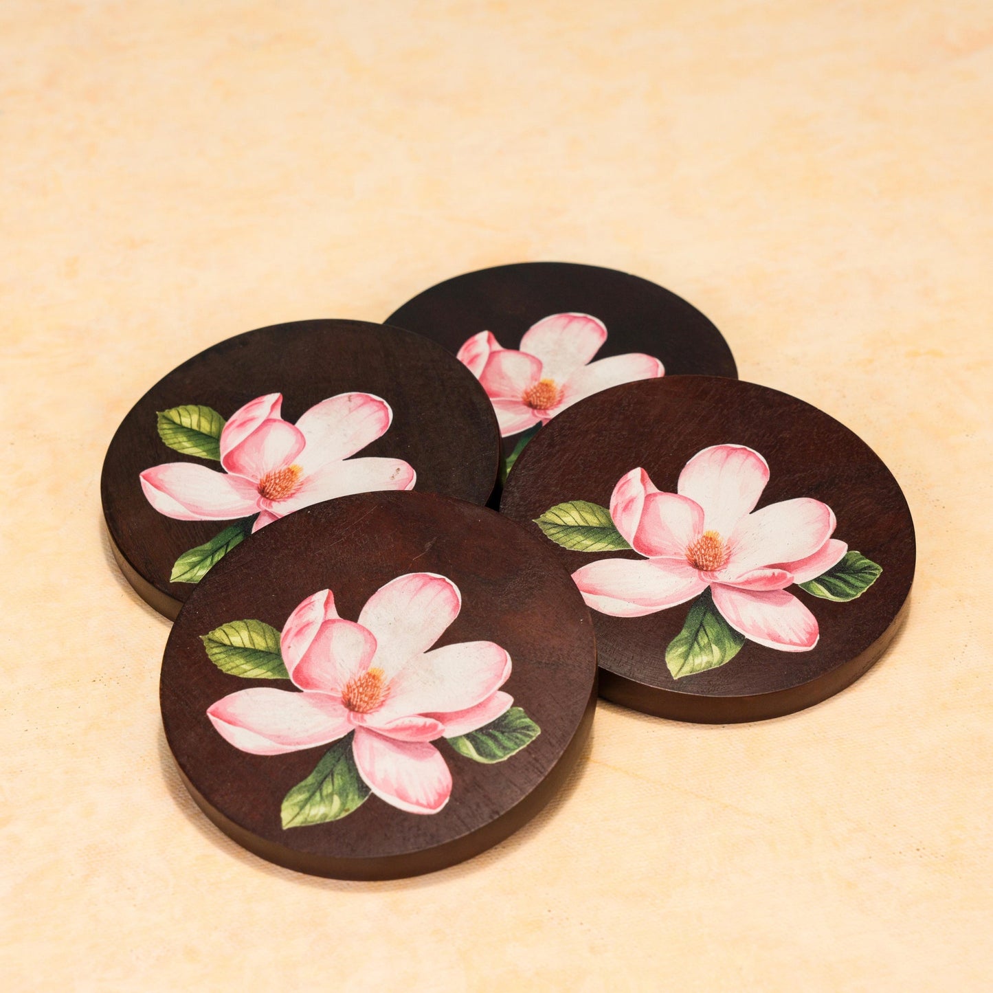 Sakura Floral Coasters – Hand-Painted Acacia Wood Drink Coaster Set – 10cm Square (Set of 4)