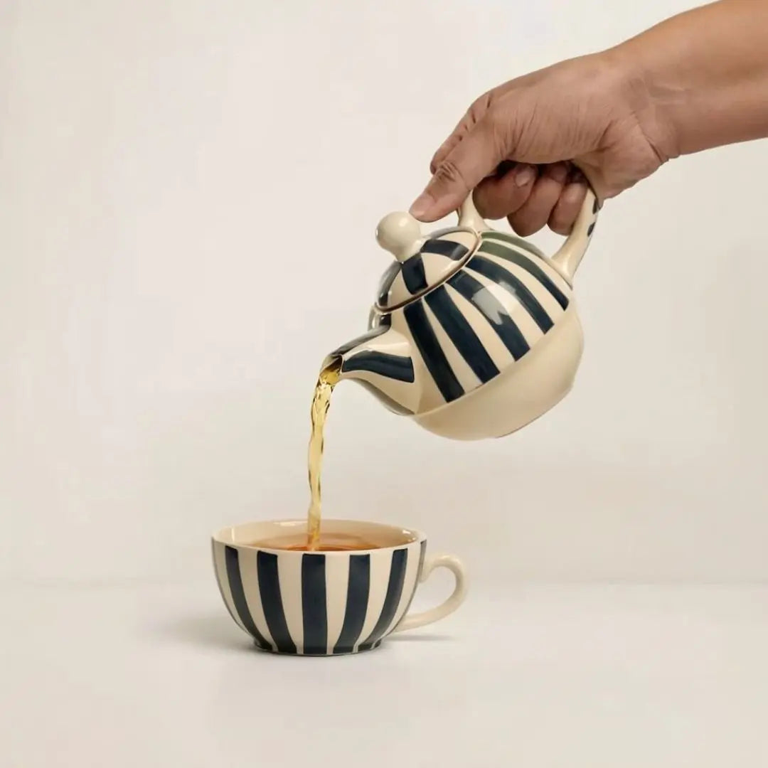 Handmade Ceramic Striped Tea Pot and Cup Set – Modern Teal & White Stoneware for Tea Lovers