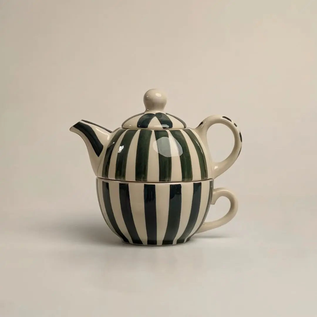 Handmade Ceramic Striped Tea Pot and Cup Set – Modern Teal & White Stoneware for Tea Lovers