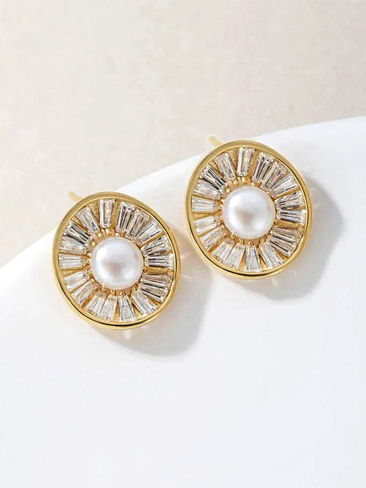 Gold-Plated AD Studded & Pearls Beaded Circular Studs – Stud Earrings – Gold-Toned, American Diamond – 1.5x1.3cm