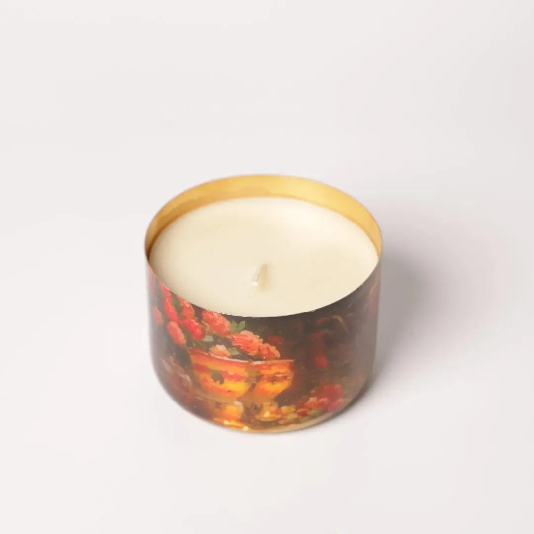 Soy Wax Candle, Brass Finish Jar - Floral Artwork