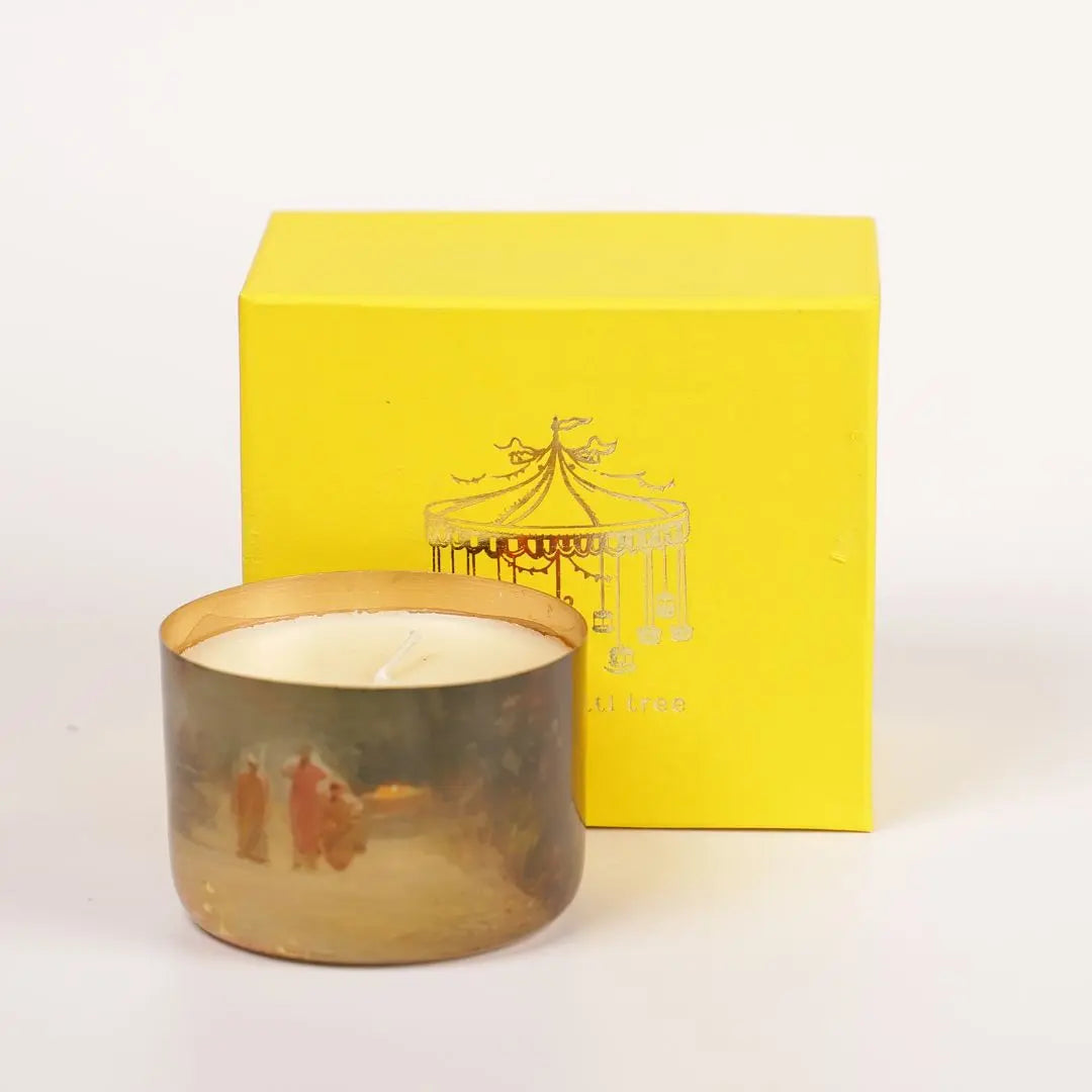 Soy Wax Candle, Brass Finish Jar - Floral Artwork