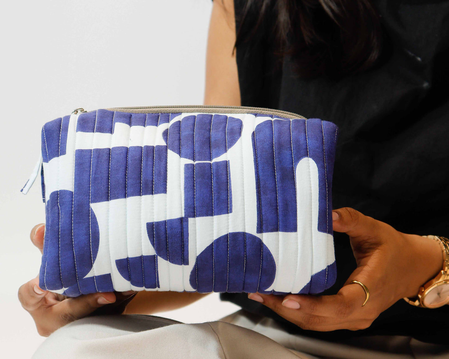 Quilted Cotton Pouch - Padded, Bold Block Print
