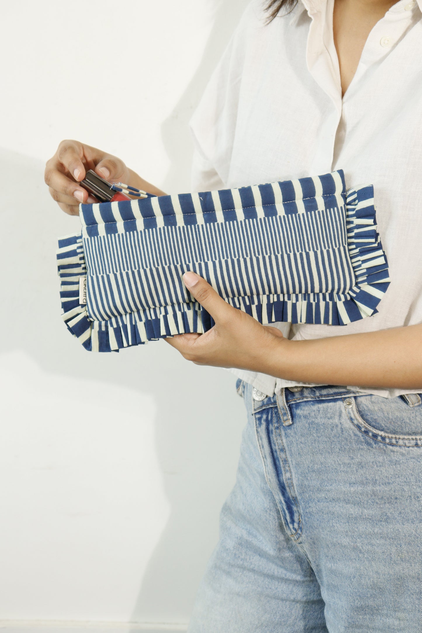 Block-Printed Cotton Pouch With Frill Edge - Small