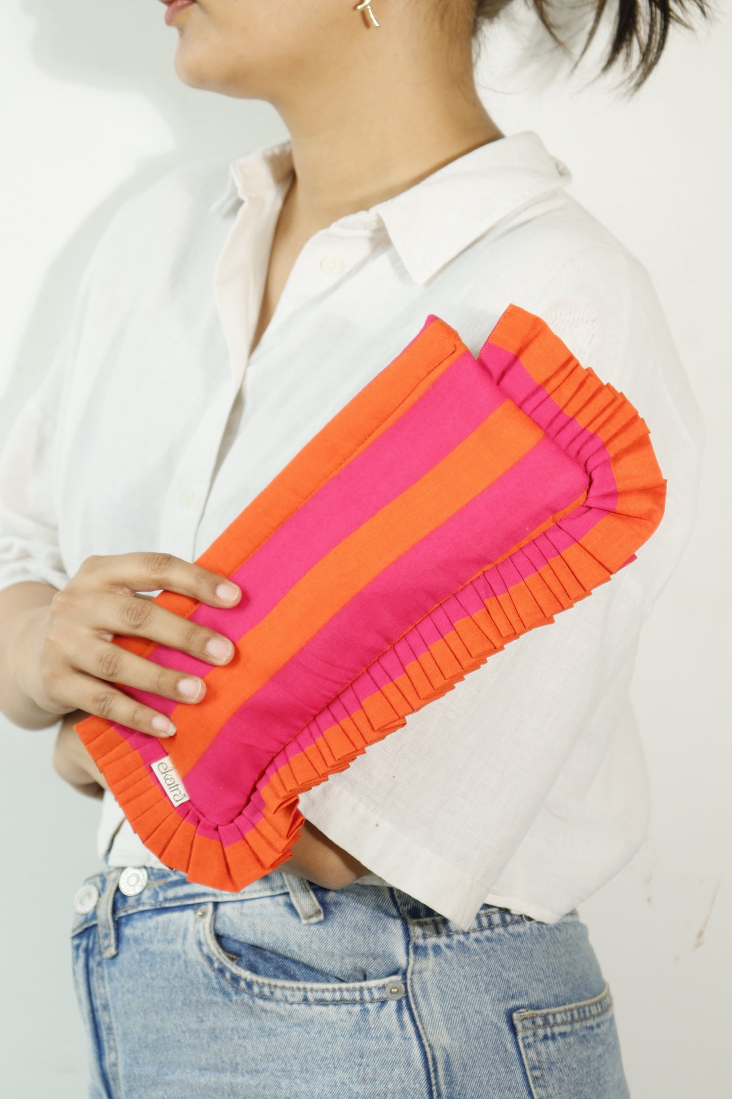 Block-Printed Cotton Pouch With Frill Edge - Small
