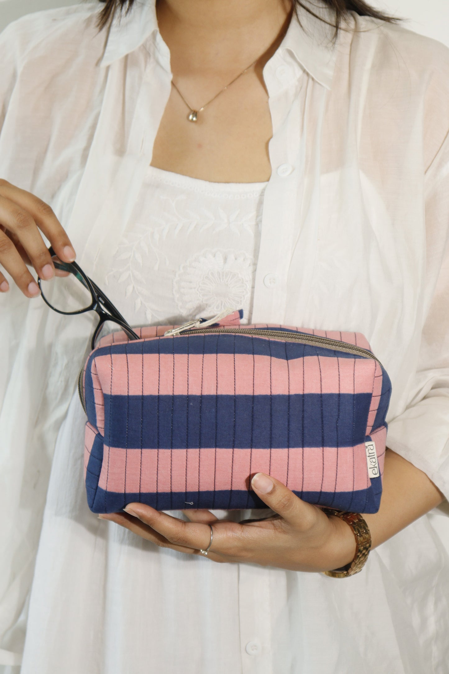Quilted Cotton Pouch - Padded, Bold Block Print