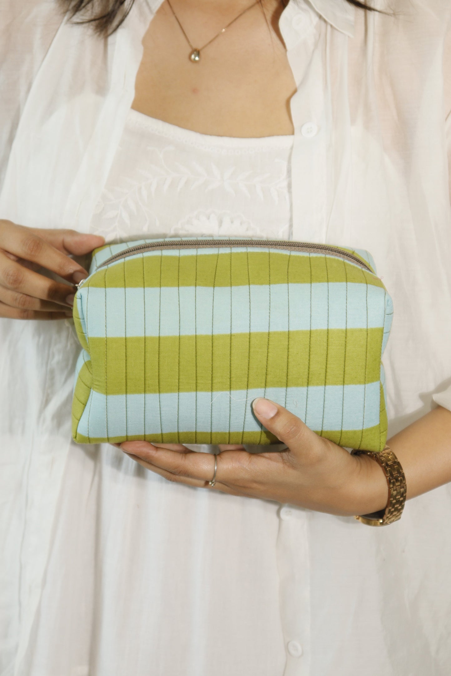 Quilted Cotton Pouch - Padded, Bold Block Print