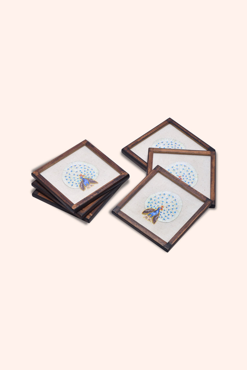 Handwoven Cocktail Coasters Peacock Motifs - Set of 6
