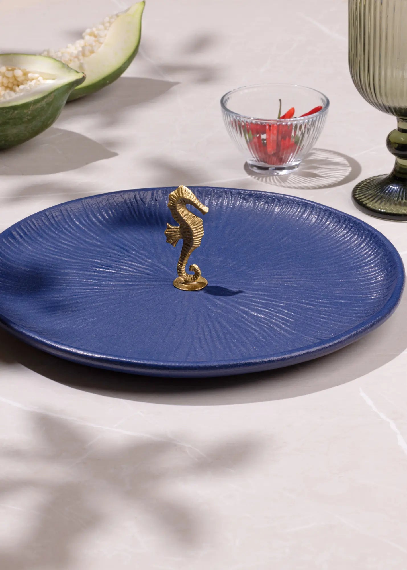 Ceramic Brass Sea Horse Serving Tray - Blue