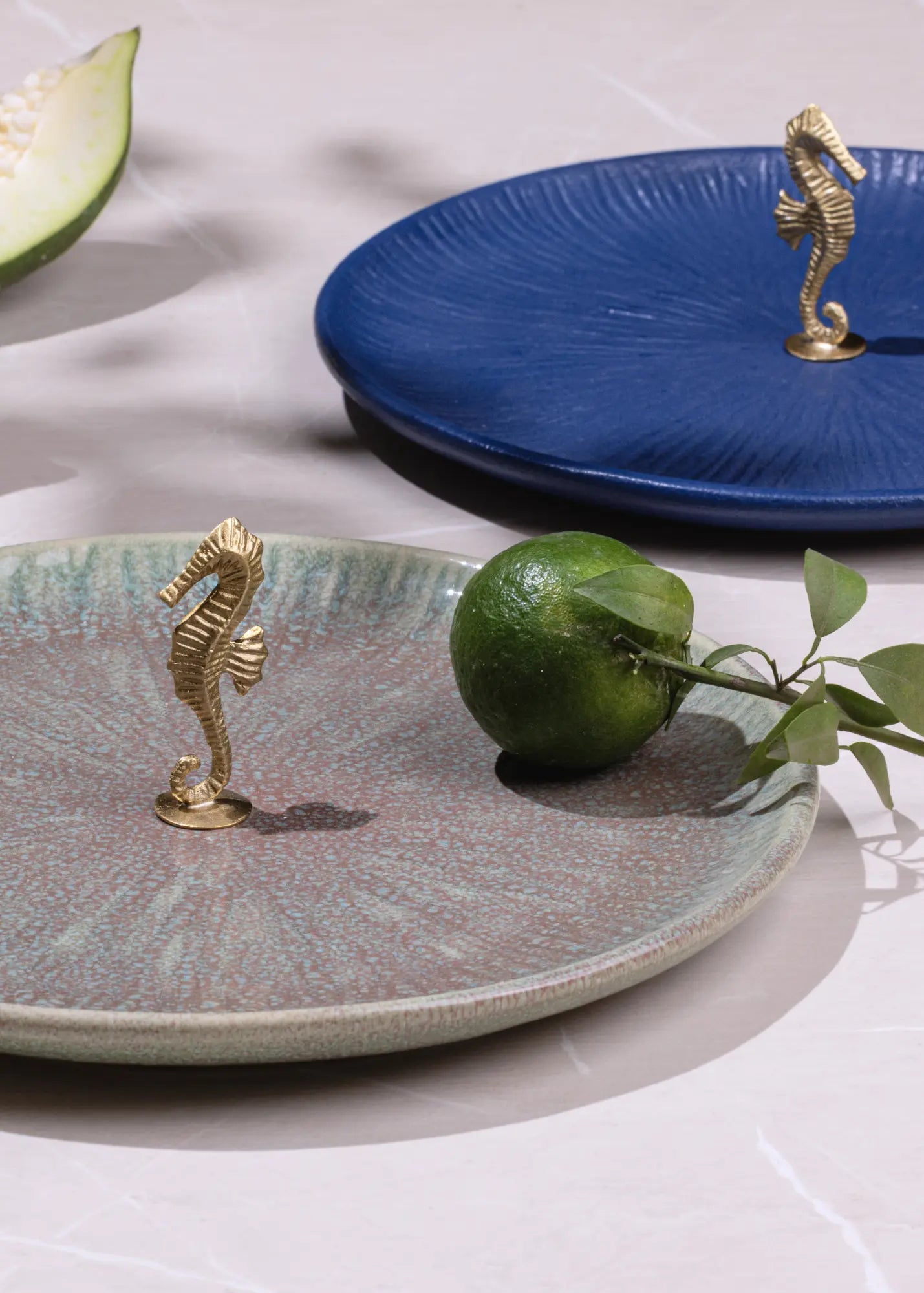 Ceramic Brass Sea Horse Serving Tray - Blue