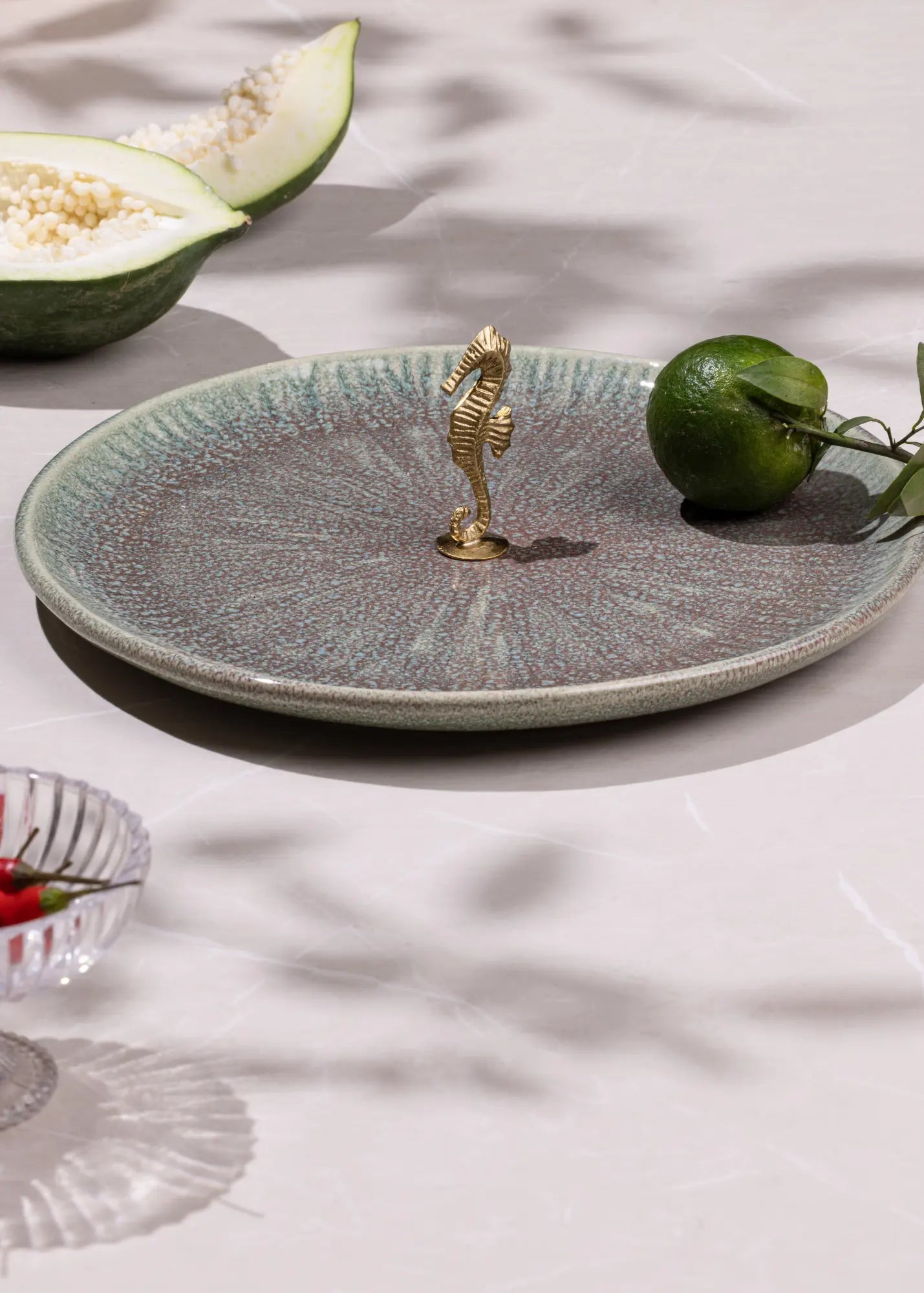 Brass & Ceramic Serving Tray With Brass Sea Horse - 24x24x2.5 cm