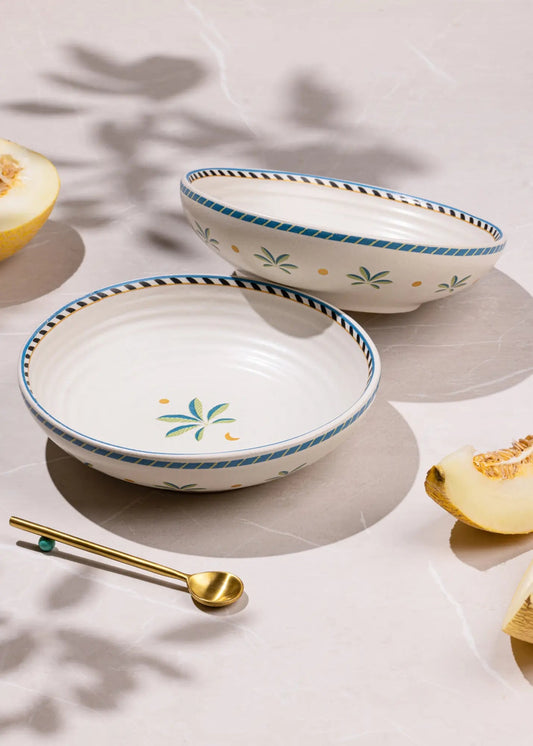 Ceramic Shallow Serving Bowl - Palm Tree Motif, Set of 2, 19cm